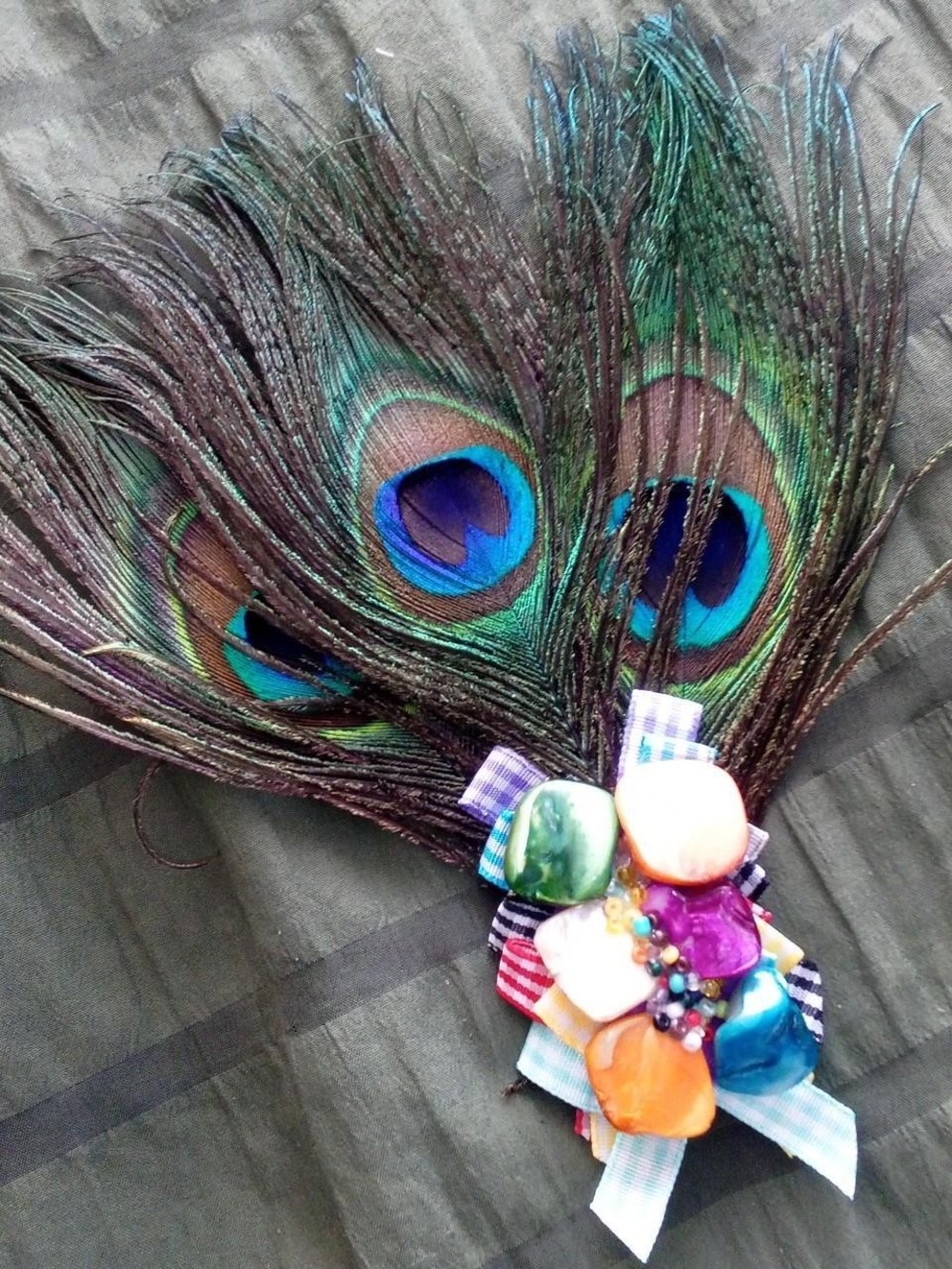 Peacock Feather & Colorful Shell Cluster Hair Clip